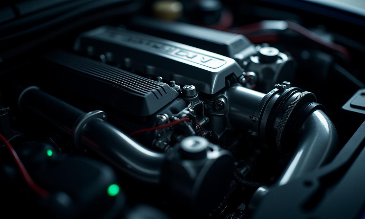 Close-up of a high-performance car engine with intricate details and exotic materials