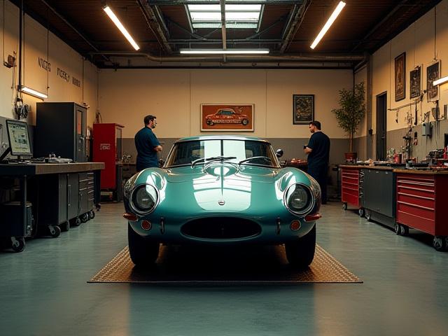 Interno di un'officina meccanica moderna con veicoli e attrezzi ad alta precisione, illuminata da luci calde